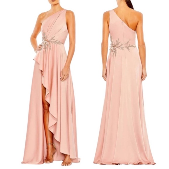 Mac Duggal Embellished One Shoulder Asymmetric Gown Maxi Dress Rose Pink 10 NWT - Picture 1 of 15